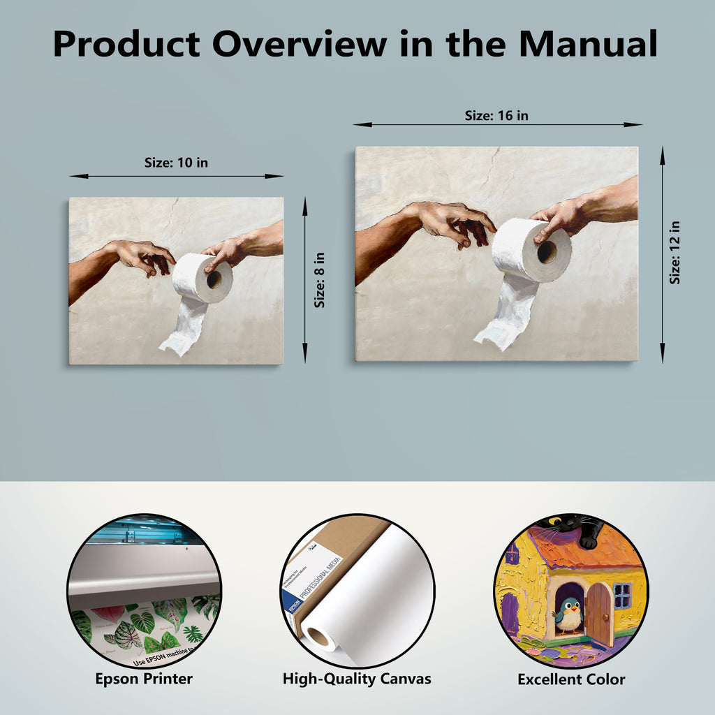 Funny Toilet Paper Wall Art, Michelangelo's Creation of Adam Parody with Toilet Paper Roll, Humorous Bathroom Canvas Print for Home Decor