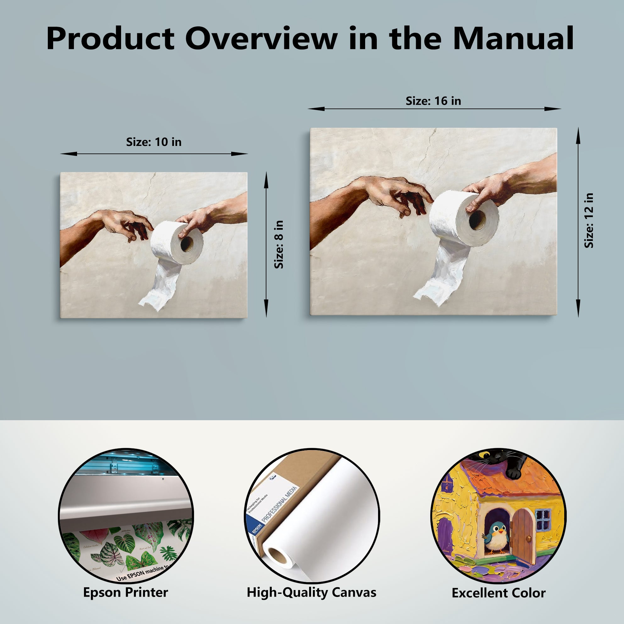 Funny Toilet Paper Wall Art, Michelangelo's Creation of Adam Parody with Toilet Paper Roll, Humorous Bathroom Canvas Print for Home Decor