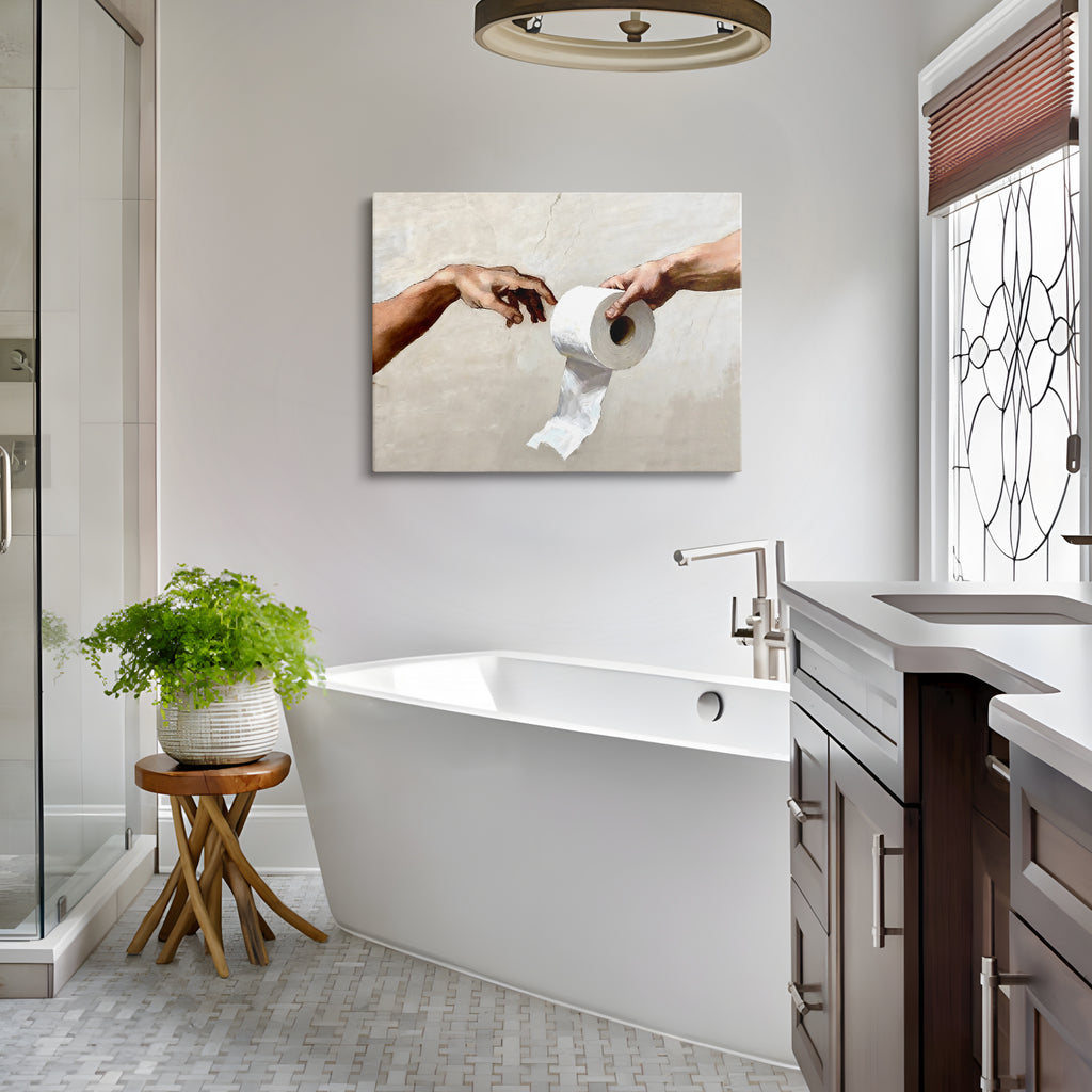 Funny Toilet Paper Wall Art, Michelangelo's Creation of Adam Parody with Toilet Paper Roll, Humorous Bathroom Canvas Print for Home Decor