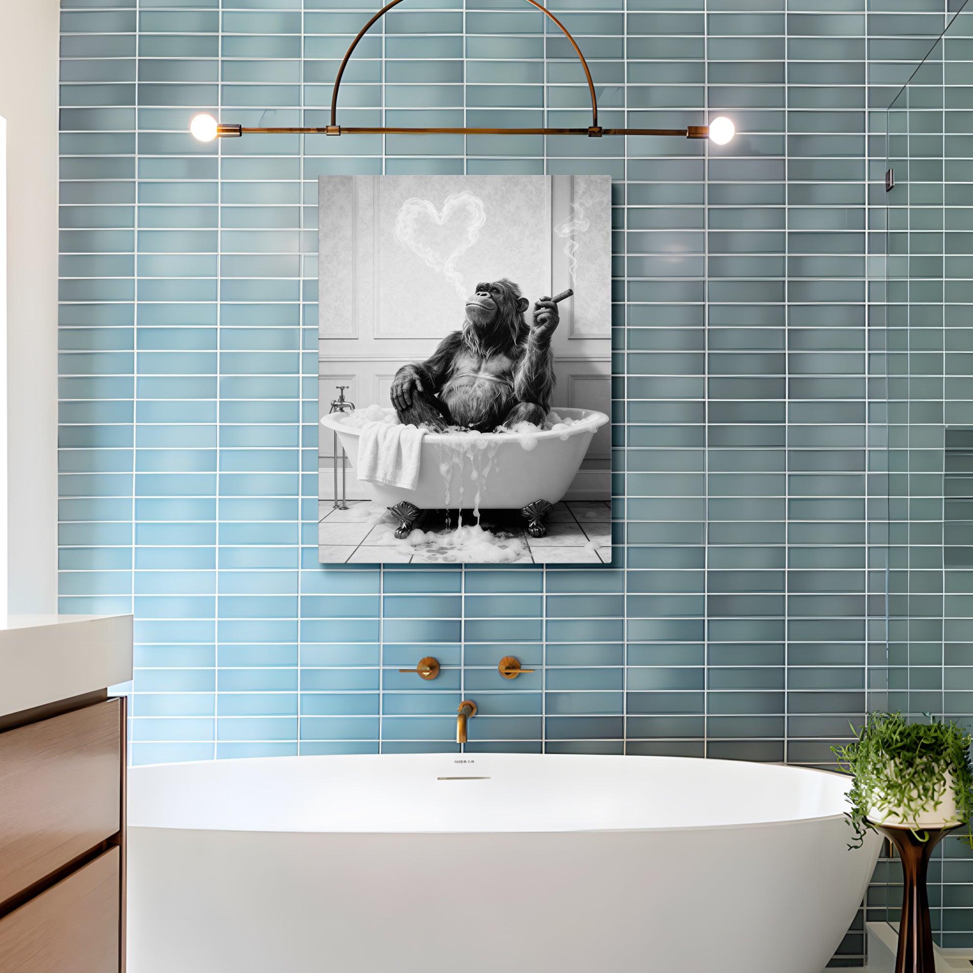 Framed Bathroom Decor Wall Art, Chimpanzee in Bathtub, Black and White Wall Art, Funny Bathroom Wall Decor Signs, Cute Animal Art Home Decor