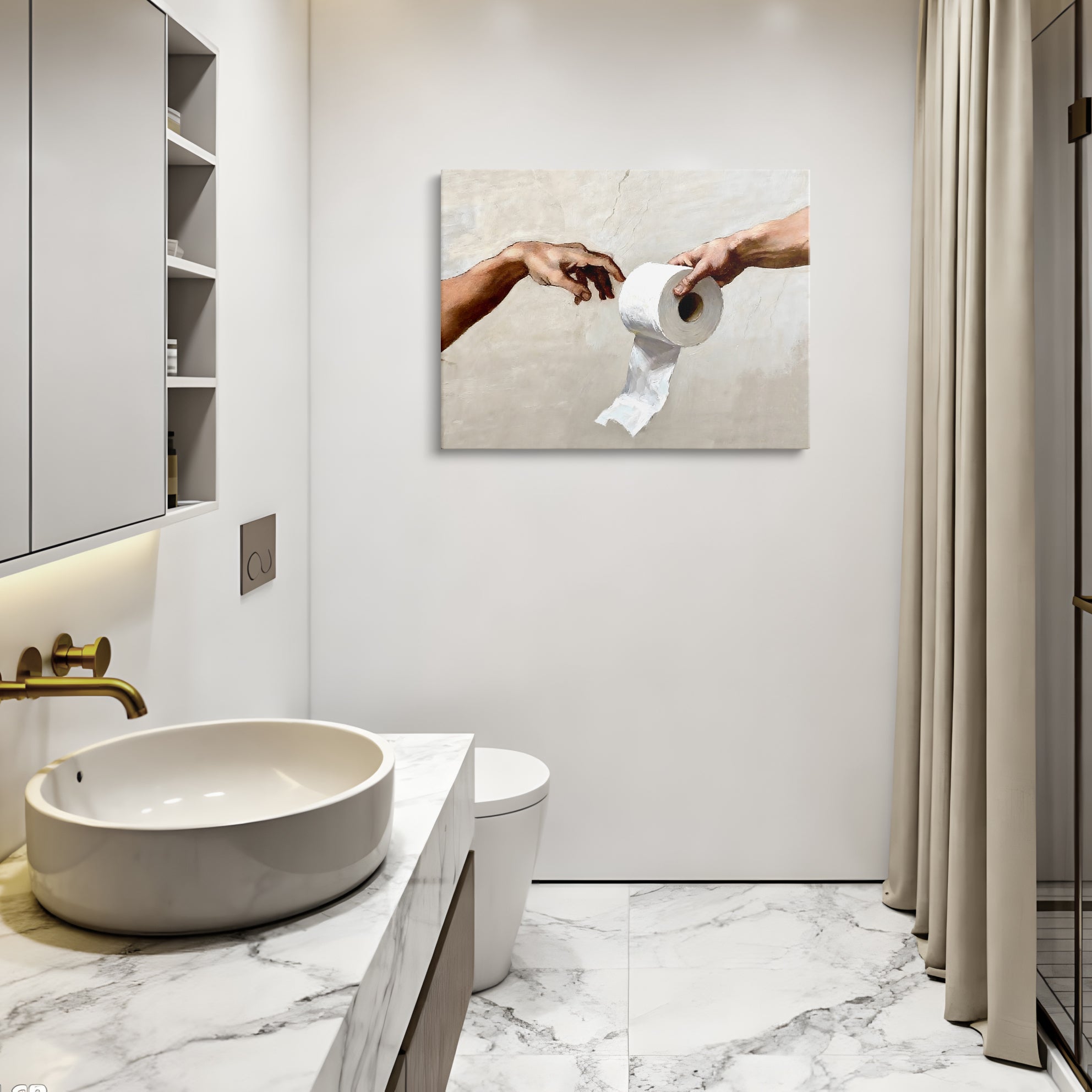 Funny Toilet Paper Wall Art, Michelangelo's Creation of Adam Parody with Toilet Paper Roll, Humorous Bathroom Canvas Print for Home Decor