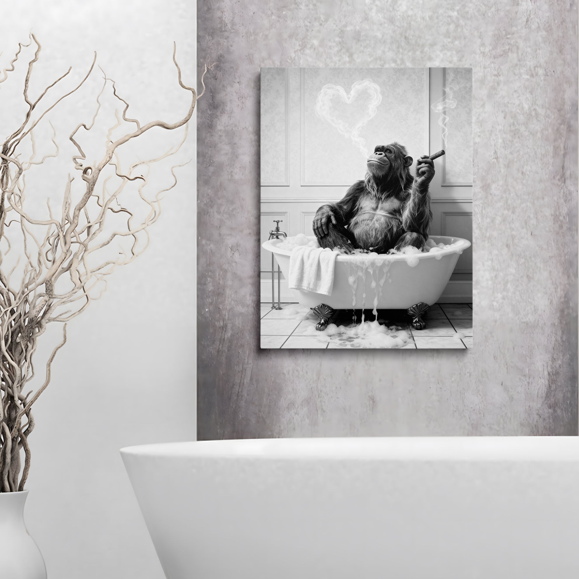 Framed Bathroom Decor Wall Art, Chimpanzee in Bathtub, Black and White Wall Art, Funny Bathroom Wall Decor Signs, Cute Animal Art Home Decor