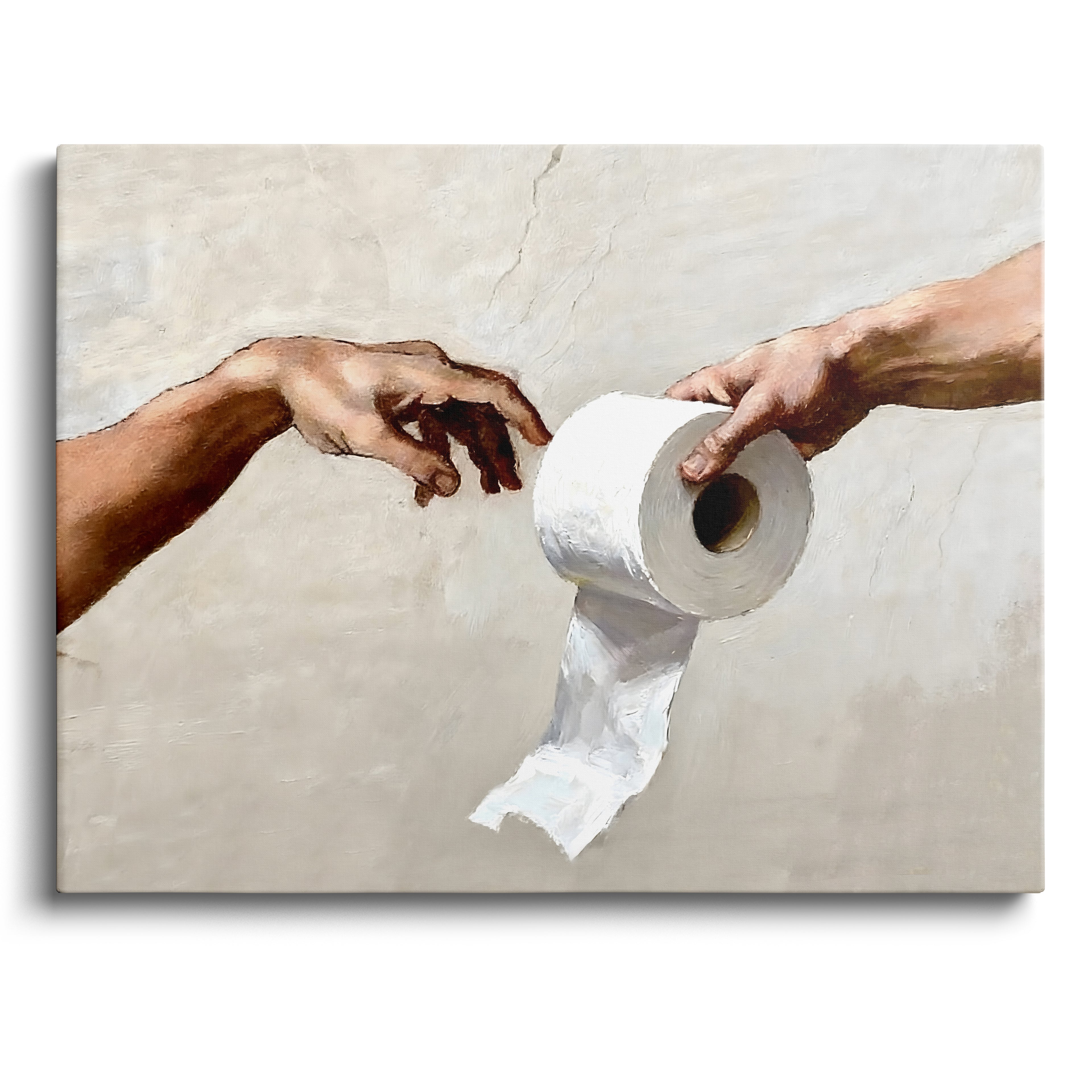 Funny Toilet Paper Wall Art, Michelangelo's Creation of Adam Parody with Toilet Paper Roll, Humorous Bathroom Canvas Print for Home Decor