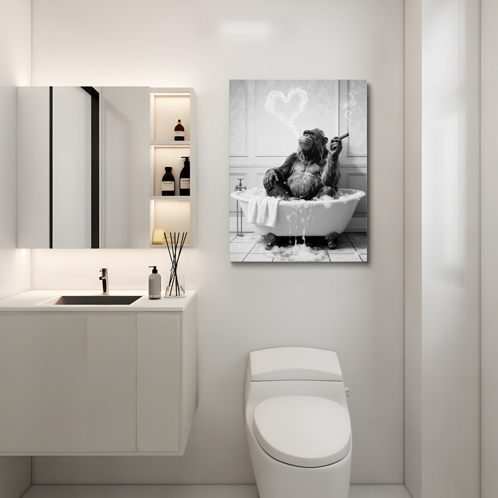 Framed Bathroom Decor Wall Art, Chimpanzee in Bathtub, Black and White Wall Art, Funny Bathroom Wall Decor Signs, Cute Animal Art Home Decor