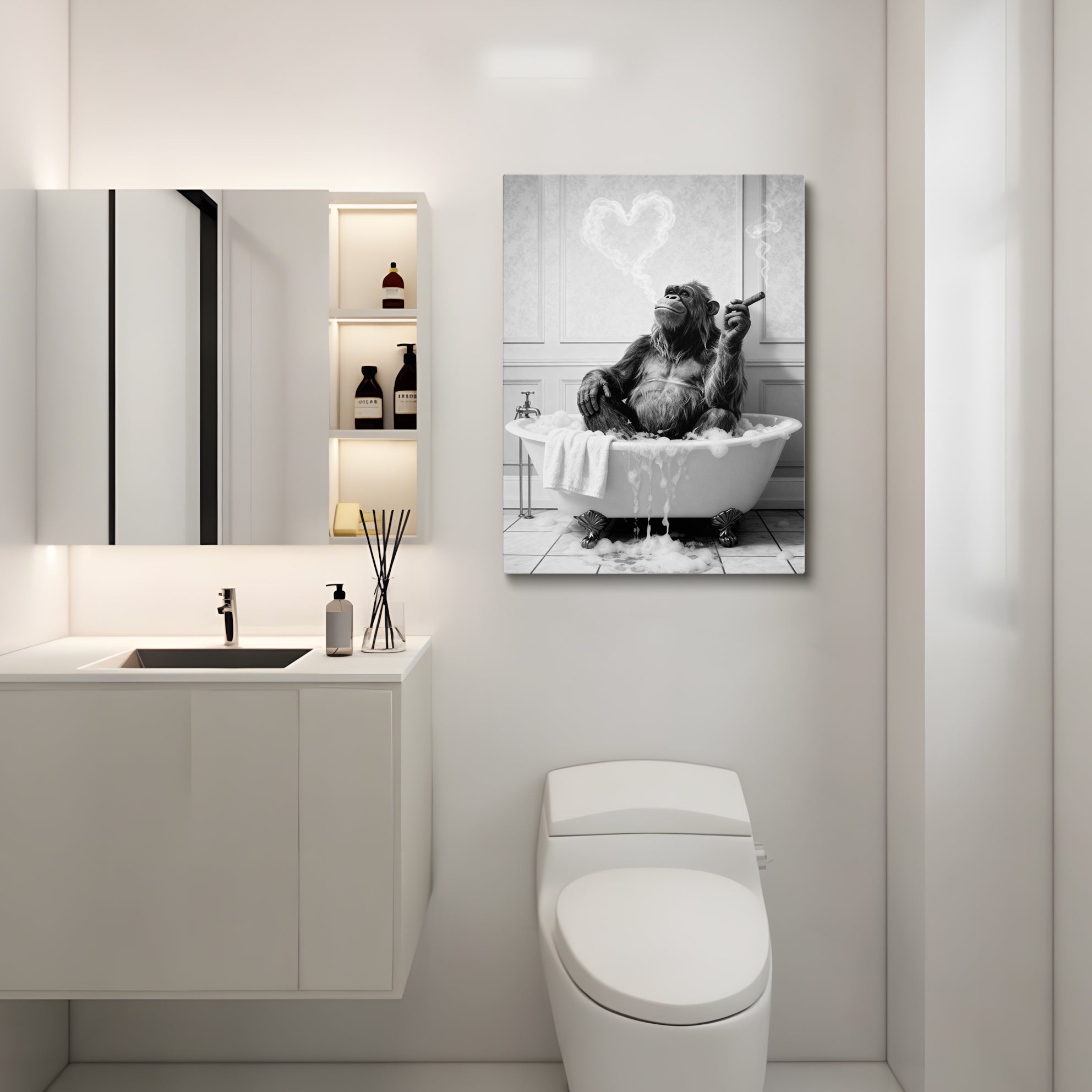 Framed Bathroom Decor Wall Art, Chimpanzee in Bathtub, Black and White Wall Art, Funny Bathroom Wall Decor Signs, Cute Animal Art Home Decor