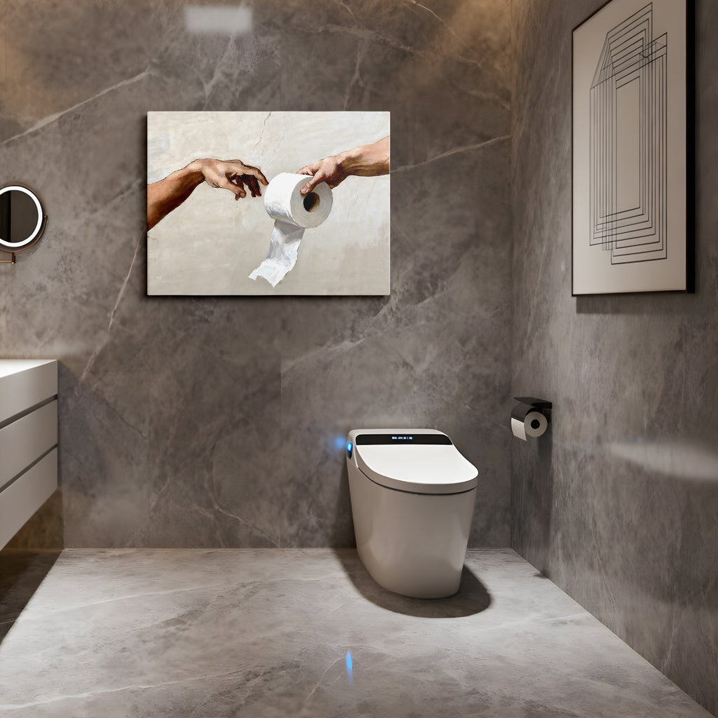 Funny Toilet Paper Wall Art, Michelangelo's Creation of Adam Parody with Toilet Paper Roll, Humorous Bathroom Canvas Print for Home Decor