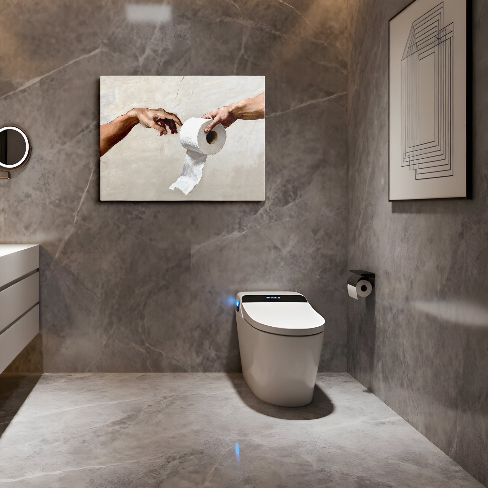 Funny Toilet Paper Wall Art, Michelangelo's Creation of Adam Parody with Toilet Paper Roll, Humorous Bathroom Canvas Print for Home Decor