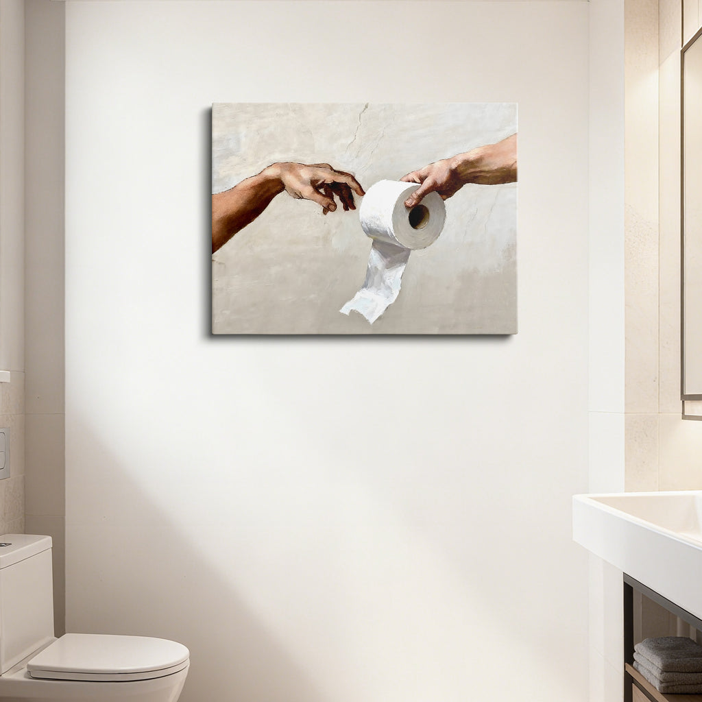 Funny Toilet Paper Wall Art, Michelangelo's Creation of Adam Parody with Toilet Paper Roll, Humorous Bathroom Canvas Print for Home Decor