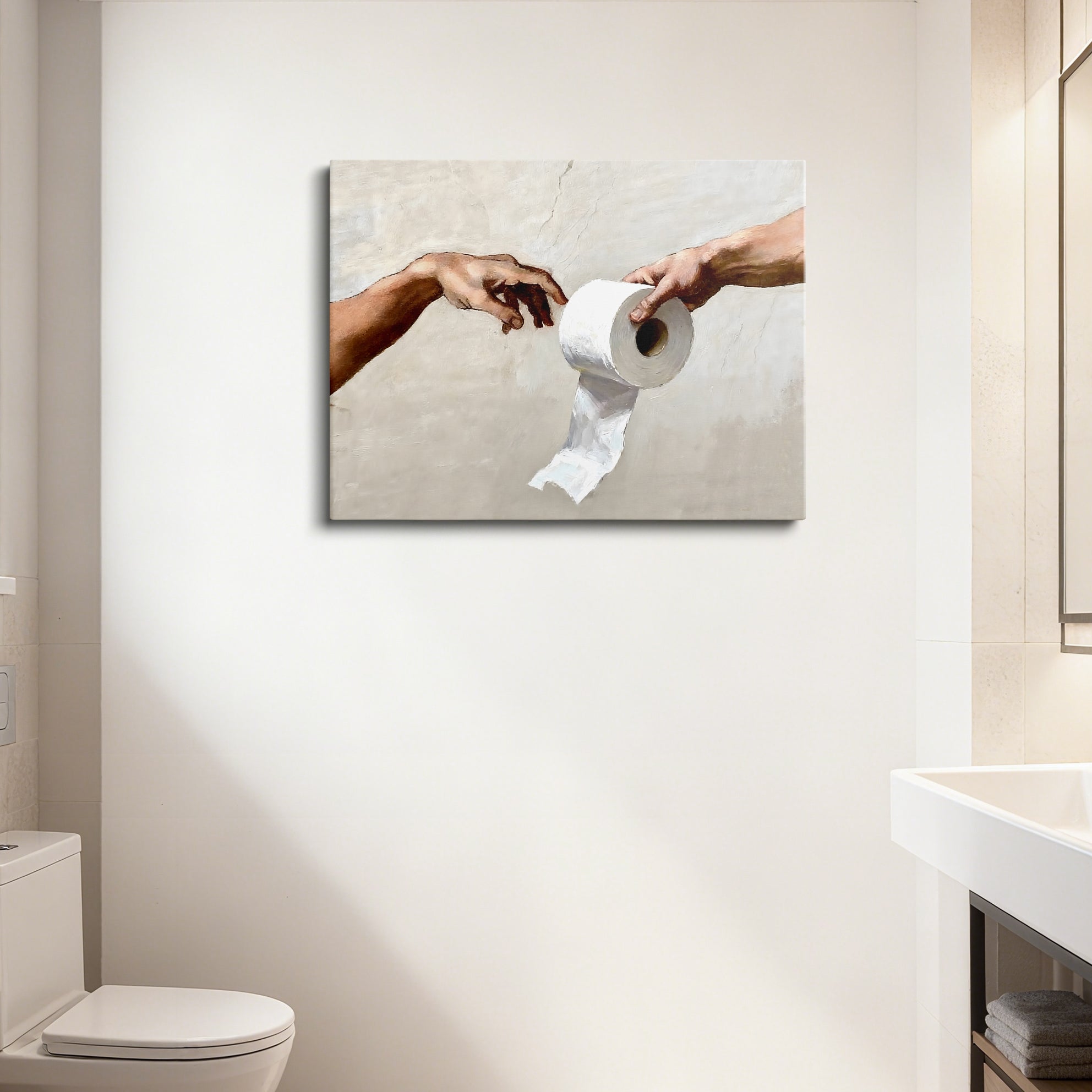 Funny Toilet Paper Wall Art, Michelangelo's Creation of Adam Parody with Toilet Paper Roll, Humorous Bathroom Canvas Print for Home Decor