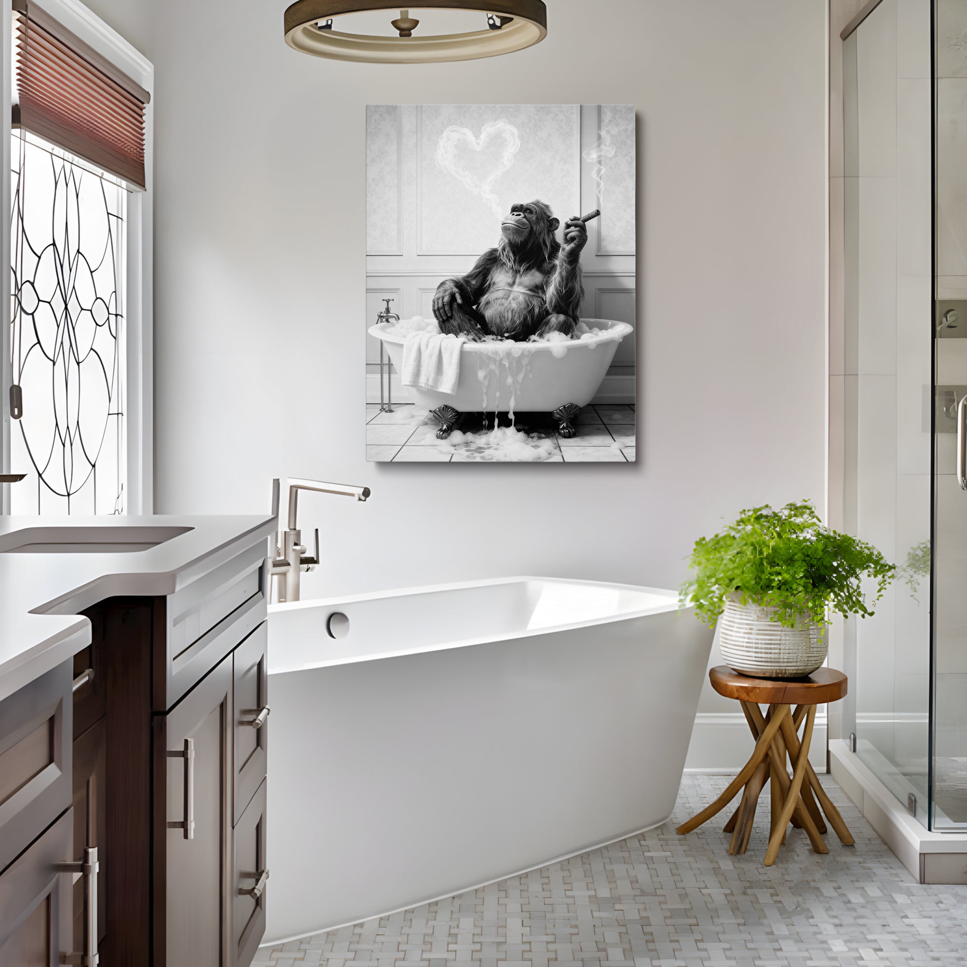 Framed Bathroom Decor Wall Art, Chimpanzee in Bathtub, Black and White Wall Art, Funny Bathroom Wall Decor Signs, Cute Animal Art Home Decor