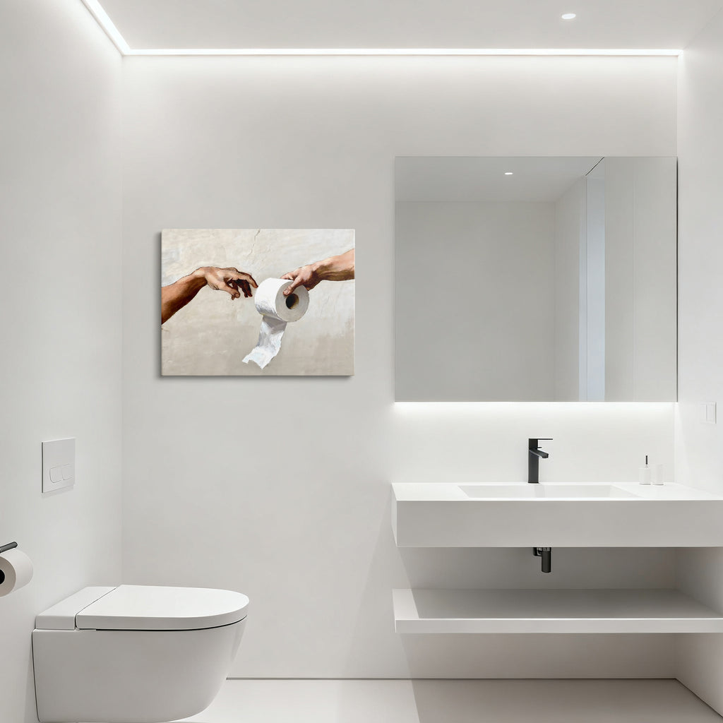 Funny Toilet Paper Wall Art, Michelangelo's Creation of Adam Parody with Toilet Paper Roll, Humorous Bathroom Canvas Print for Home Decor
