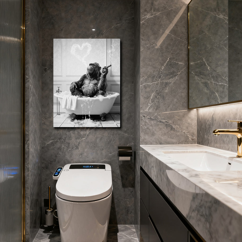 Framed Bathroom Decor Wall Art, Chimpanzee in Bathtub, Black and White Wall Art, Funny Bathroom Wall Decor Signs, Cute Animal Art Home Decor