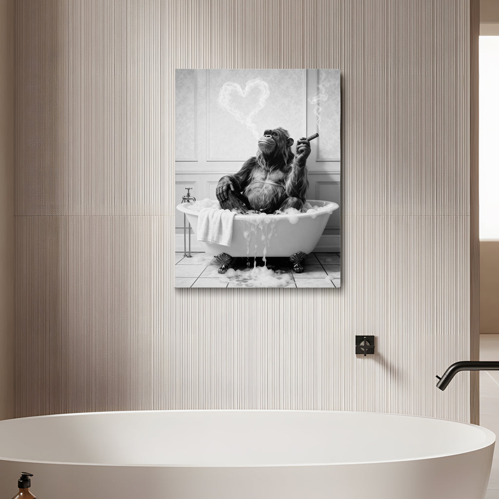 Framed Bathroom Decor Wall Art, Chimpanzee in Bathtub, Black and White Wall Art, Funny Bathroom Wall Decor Signs, Cute Animal Art Home Decor
