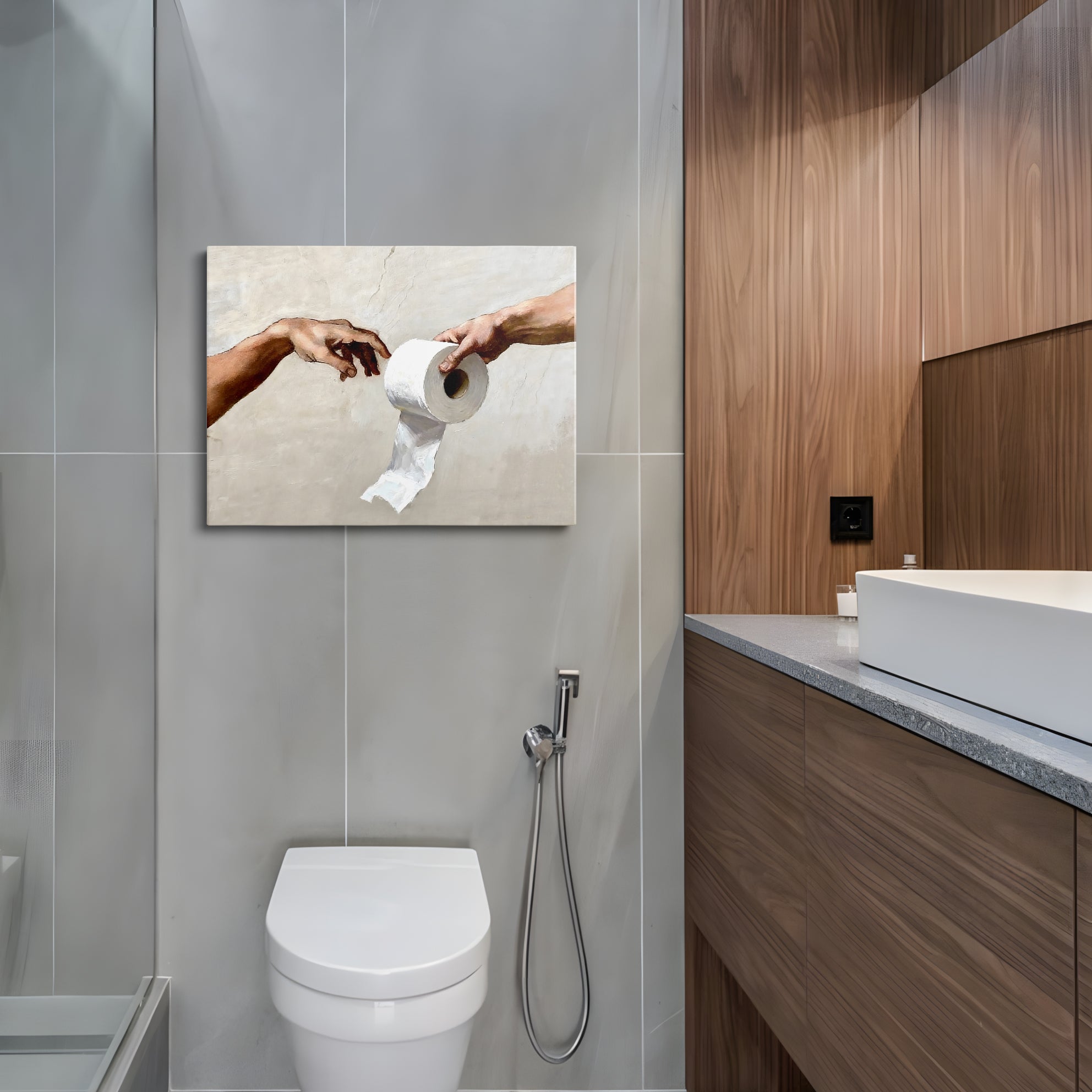 Funny Toilet Paper Wall Art, Michelangelo's Creation of Adam Parody with Toilet Paper Roll, Humorous Bathroom Canvas Print for Home Decor